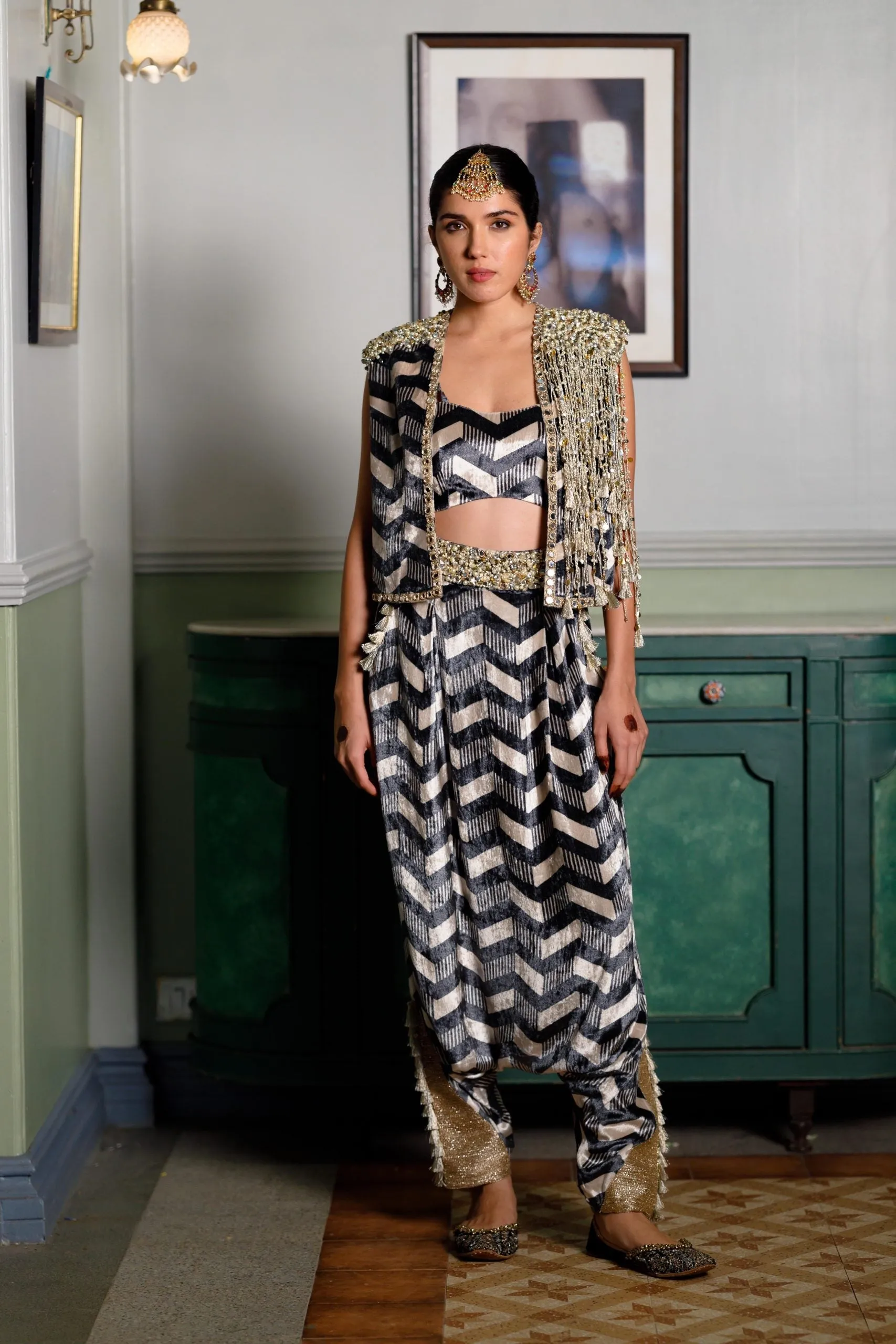 Fida Ladder Print Waist Coat With Bustier And Low Crotch Pant