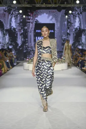 Fida Ladder Print Waist Coat With Bustier And Low Crotch Pant