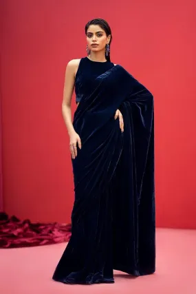 Fozia Khalid - RANYA - Saree - Velvet - Navy Blue - 2 Piece