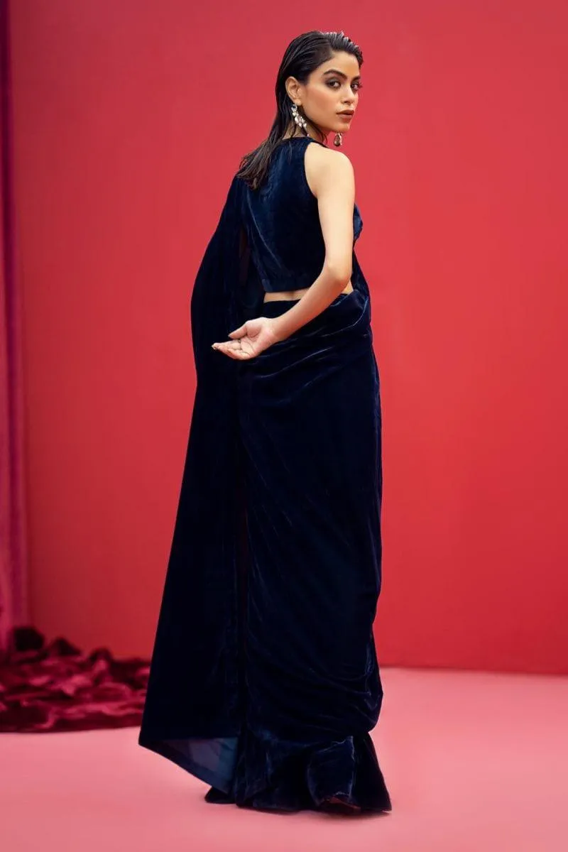 Fozia Khalid - RANYA - Saree - Velvet - Navy Blue - 2 Piece