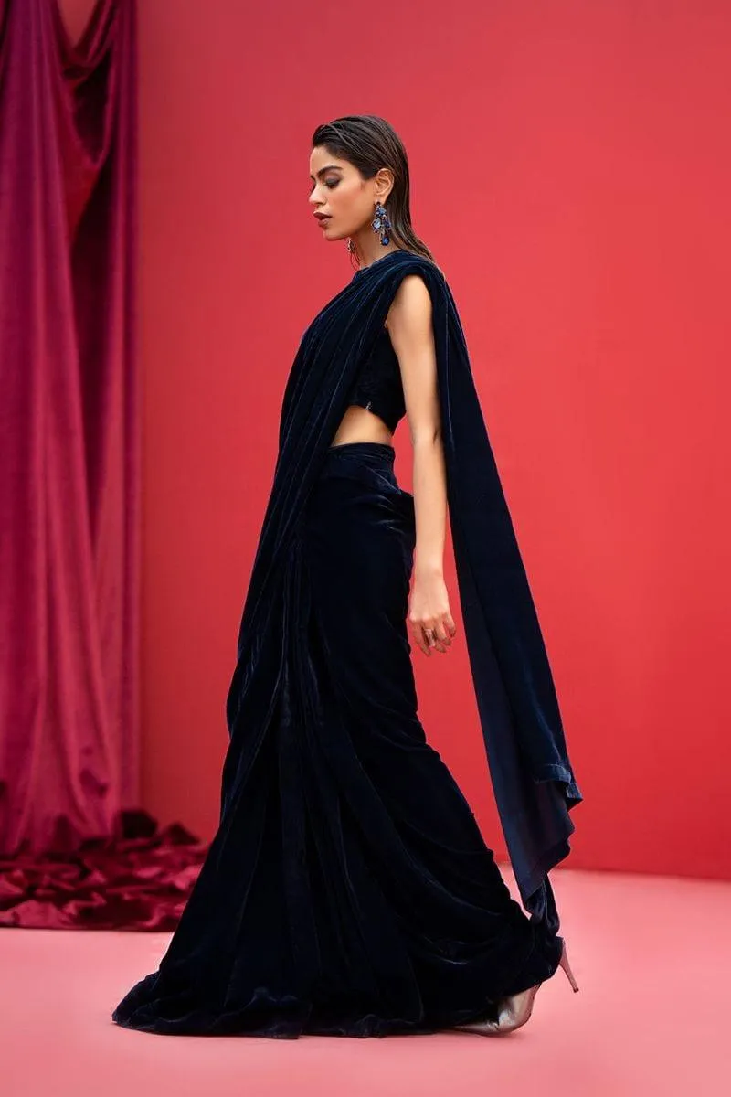 Fozia Khalid - RANYA - Saree - Velvet - Navy Blue - 2 Piece