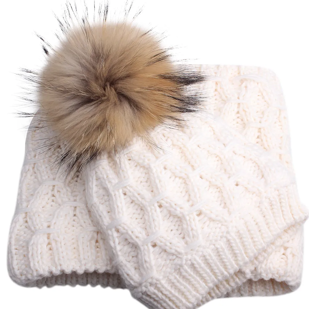 FURTALK Kids Winter Real Fur Pom Pom Hat Scarf Set Diamond pattern Drop Shipping SFFW032