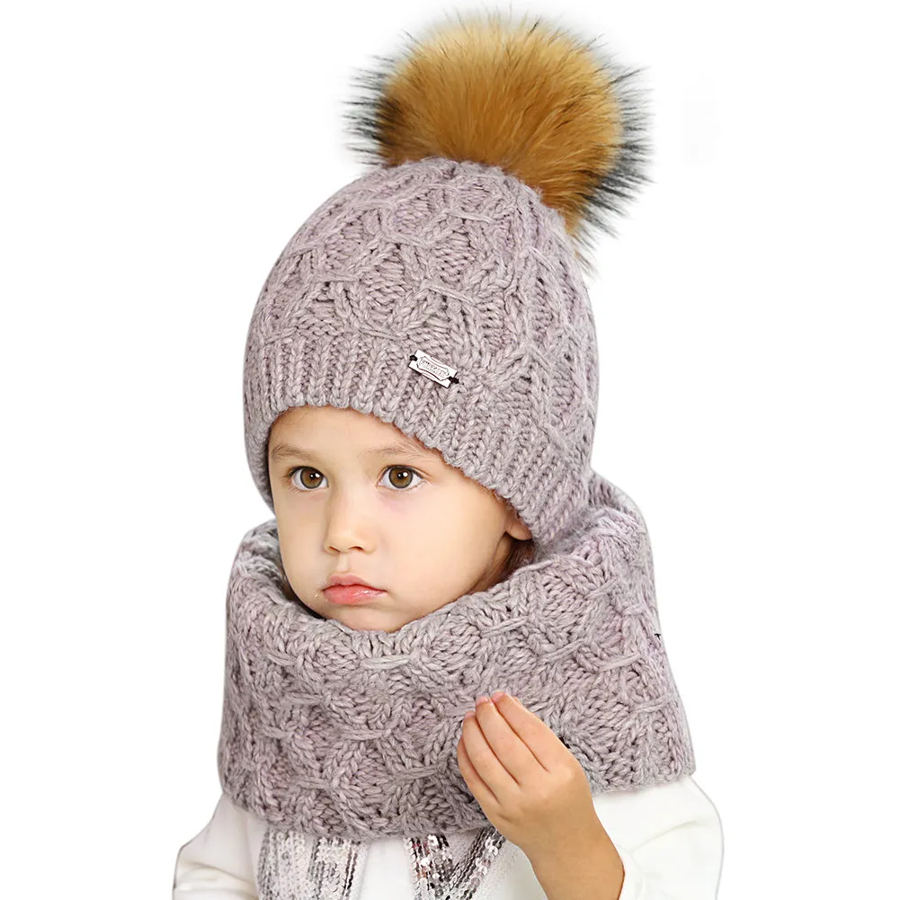 FURTALK Kids Winter Real Fur Pom Pom Hat Scarf Set Diamond pattern Drop Shipping SFFW032