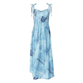 Graphic Denim Print Cowl Neck Shoulder Tie Side Wrap Slip Midi Dress