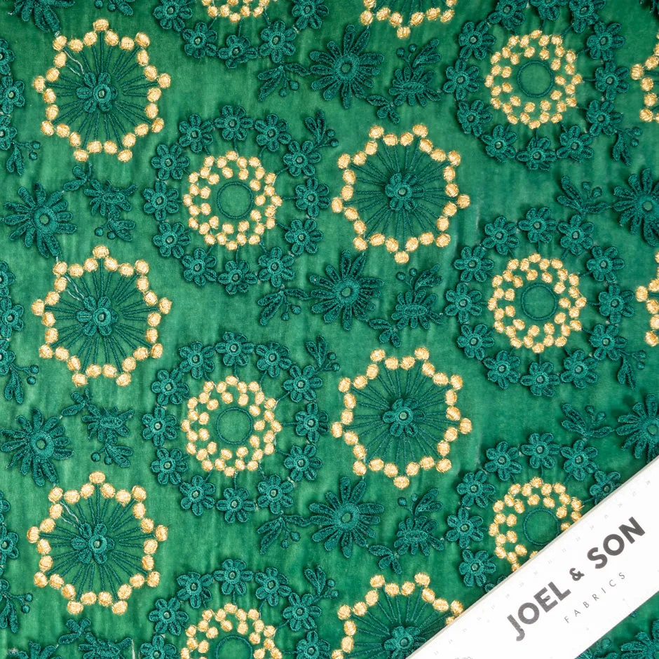 Green & Gold Floral Embroidered Velvet (A 90cm Piece)