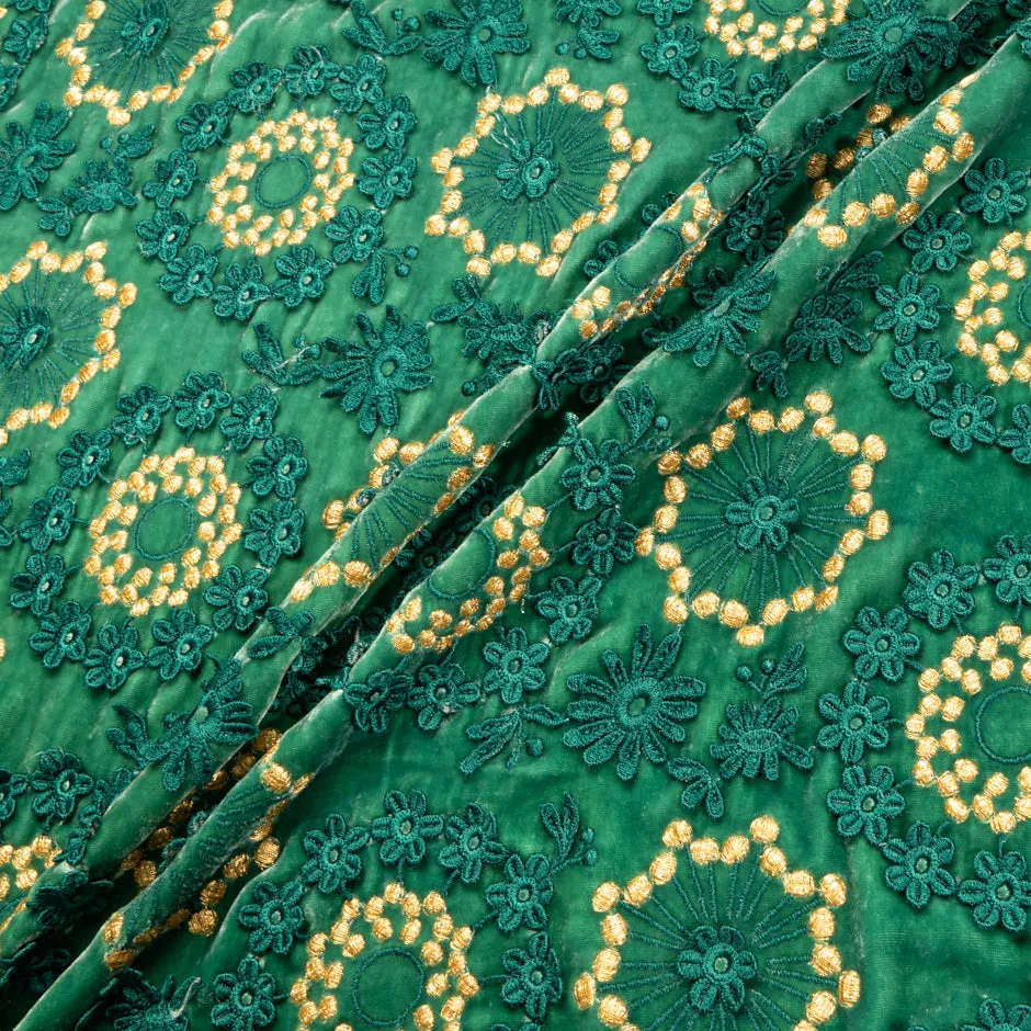 Green & Gold Floral Embroidered Velvet (A 90cm Piece)