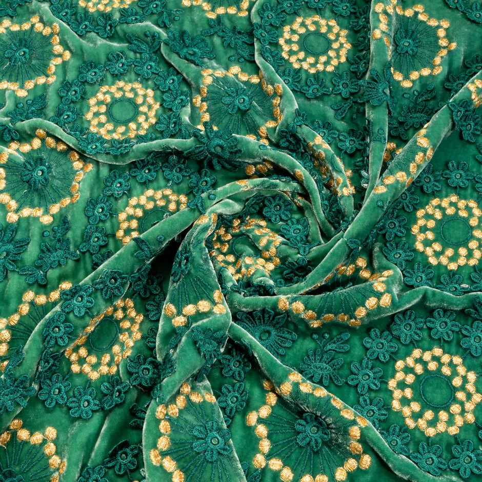 Green & Gold Floral Embroidered Velvet (A 90cm Piece)