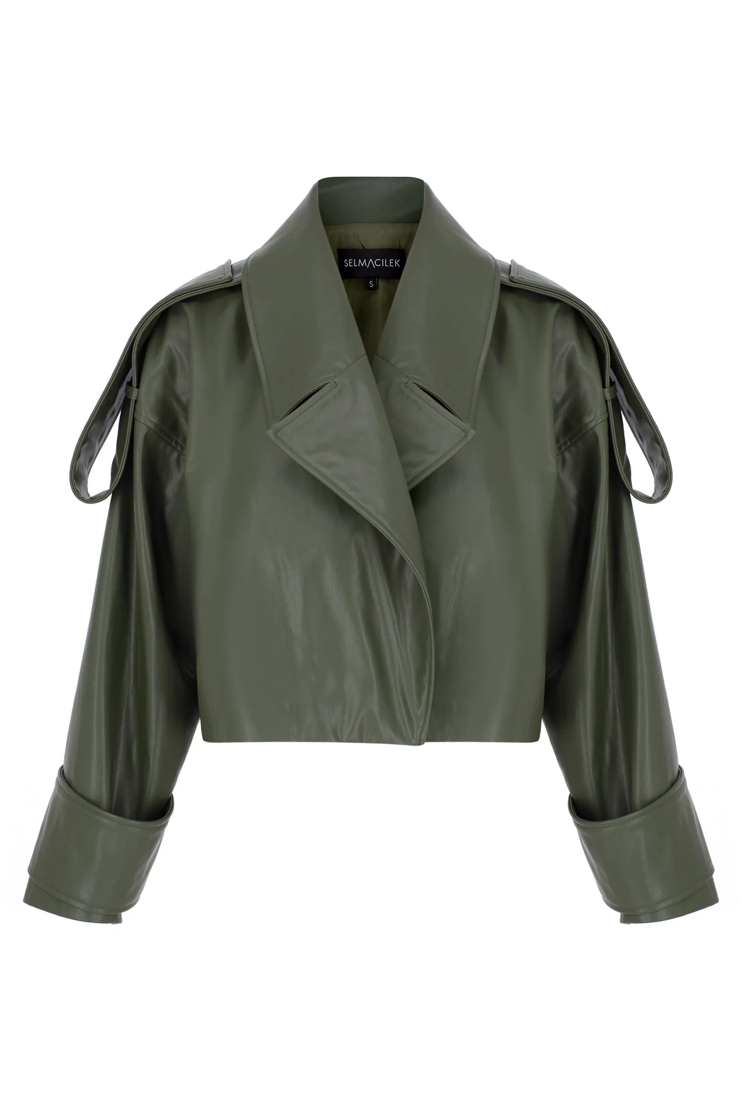 Green Vegan Leather Shoulder Detailed Jacket