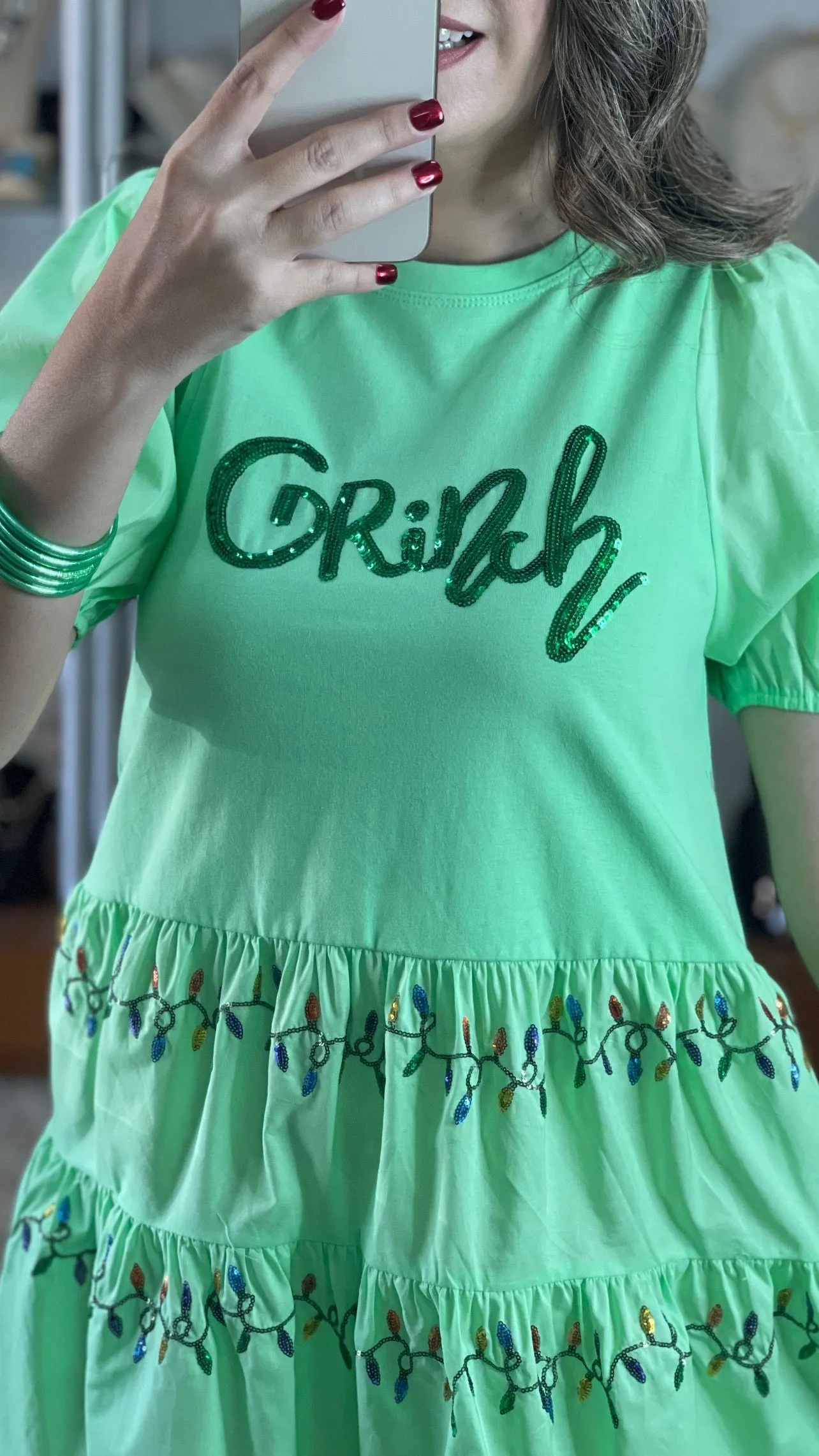 Grinch and Christmas Lights Mini Dress