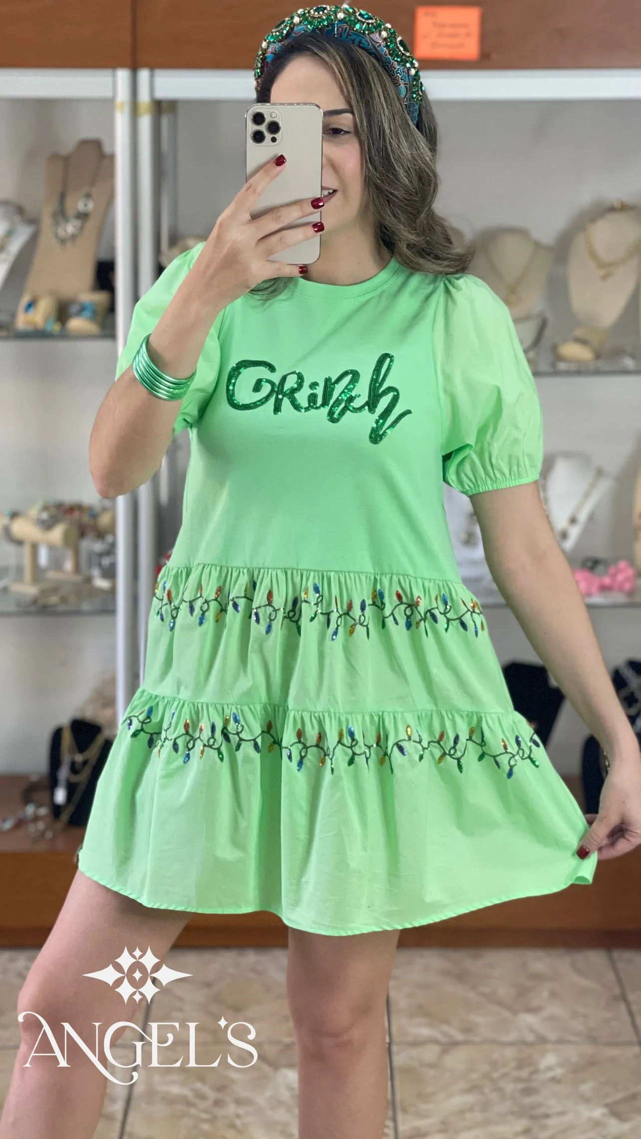 Grinch and Christmas Lights Mini Dress