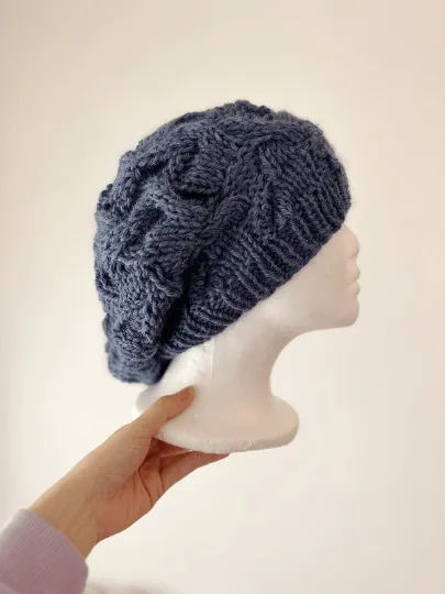 Handknit Cable Slouchy Beanie | Knit Beret | Slouchy Hat in navy | Knit beanie fluffy alpaca cozy winter hat