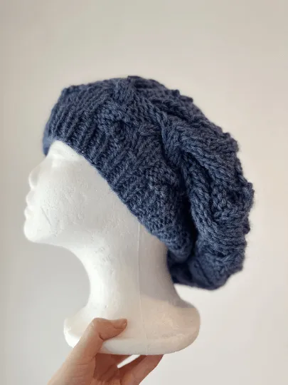 Handknit Cable Slouchy Beanie | Knit Beret | Slouchy Hat in navy | Knit beanie fluffy alpaca cozy winter hat