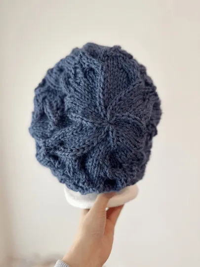 Handknit Cable Slouchy Beanie | Knit Beret | Slouchy Hat in navy | Knit beanie fluffy alpaca cozy winter hat