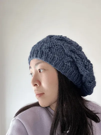 Handknit Cable Slouchy Beanie | Knit Beret | Slouchy Hat in navy | Knit beanie fluffy alpaca cozy winter hat