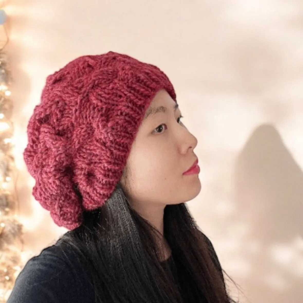 Handknit Cable Slouchy Beanie | Knit Beret | Slouchy Hat in red colour| Knit beanie in burgundy | Fluffy and cozy winter hat