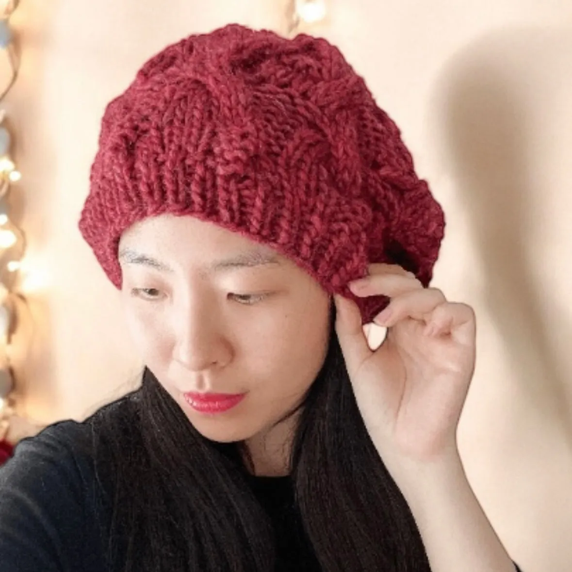 Handknit Cable Slouchy Beanie | Knit Beret | Slouchy Hat in red colour| Knit beanie in burgundy | Fluffy and cozy winter hat