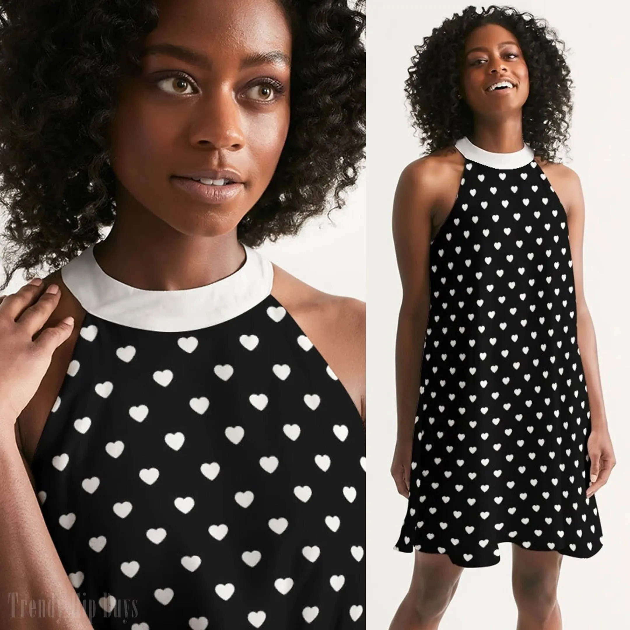 Heart Dress, Black Dress, Vintage Dress Style, Pinup Dress, Retro Dress, Halter Dress, Heart Print dress, Party Dress, Heart Polka Dot Dress