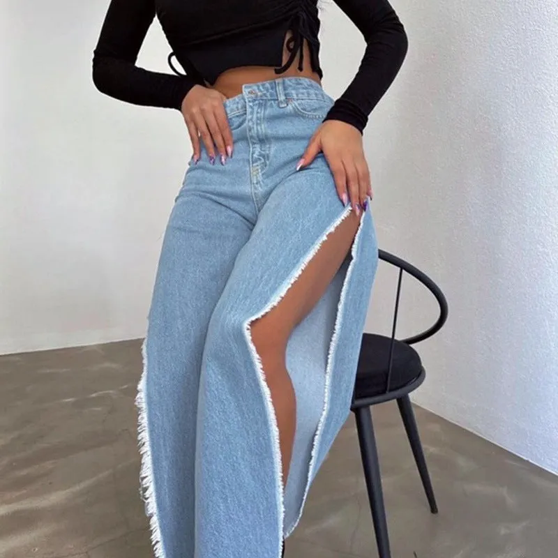 High waist double side slit jeans