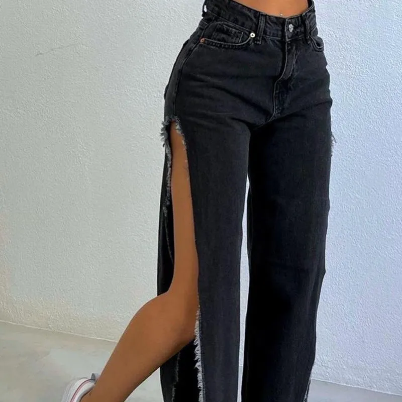 High waist double side slit jeans