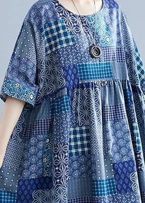 Italian navy plaid linen cotton clothes For Women o neck Cinched cotton Dress