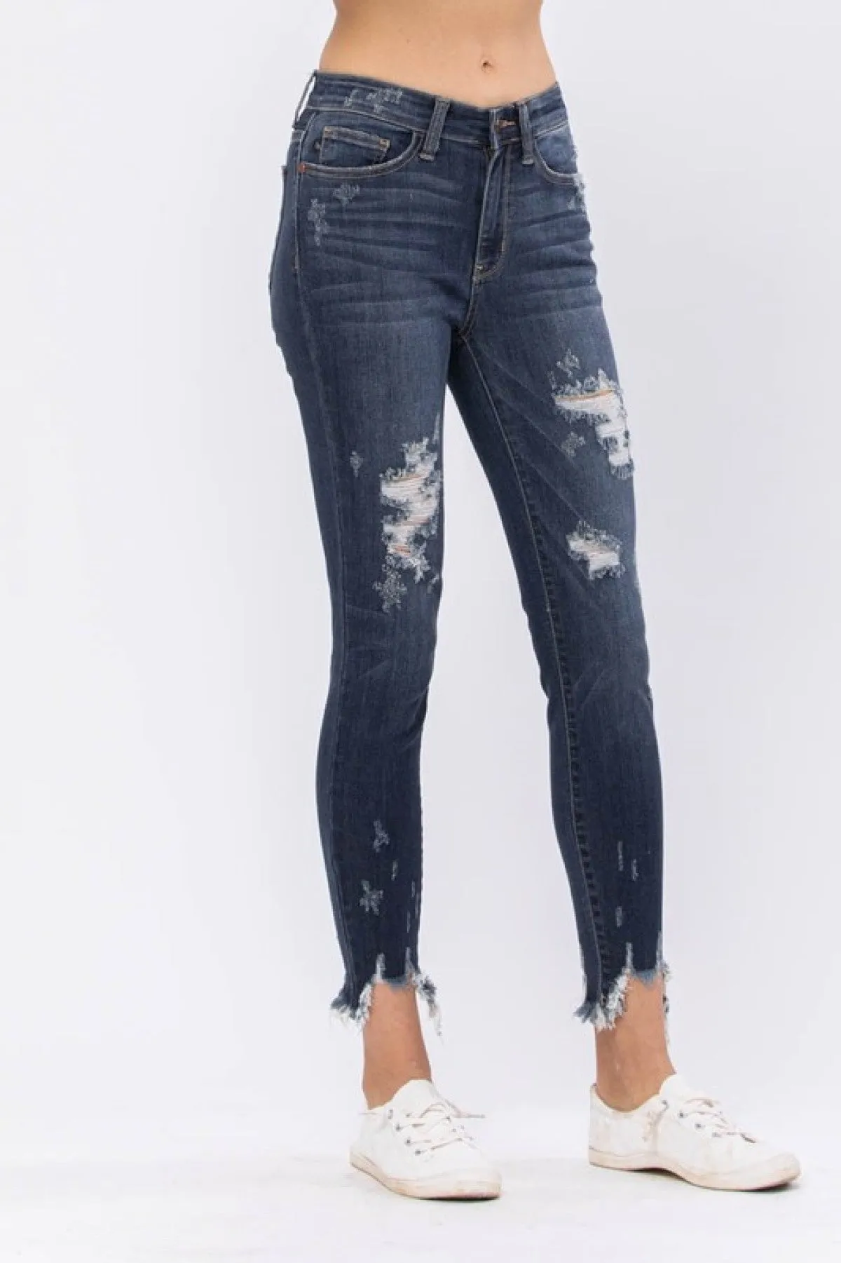 Judy Blue Mid-Rise Destroyed Hem Shark Bite Skinny Jeans