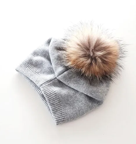 Knit Wool Fox Fur Pom Pom Hat Light Grey/Natural HA206