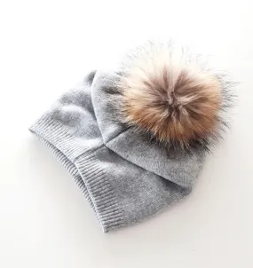 Knit Wool Fox Fur Pom Pom Hat Light Grey/Natural HA206