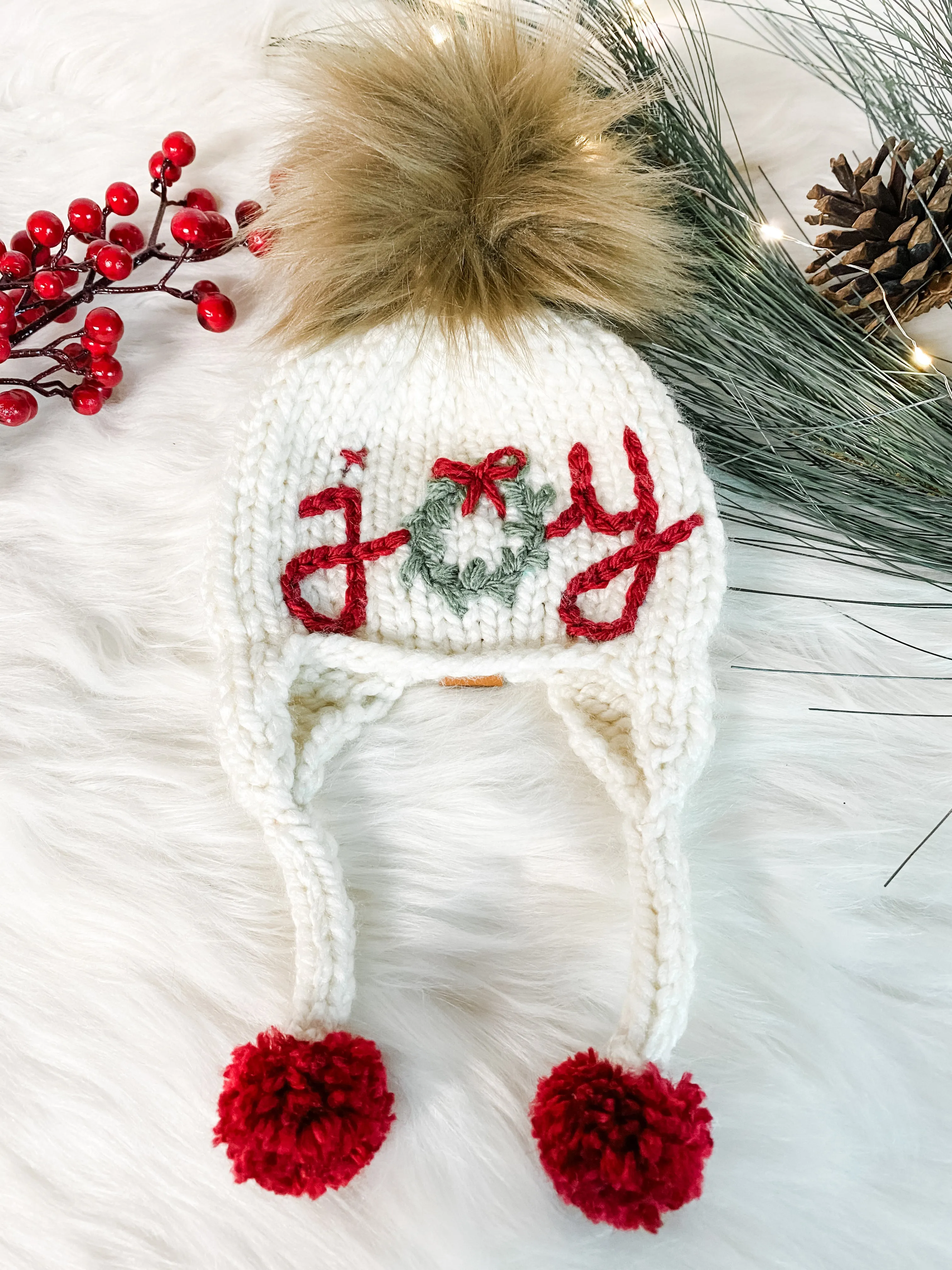 Knitted Christmas Joy Hat for Babies and Kids, Baby's 1st Christmas, Holiday Photography Prop, Family Photo Prop