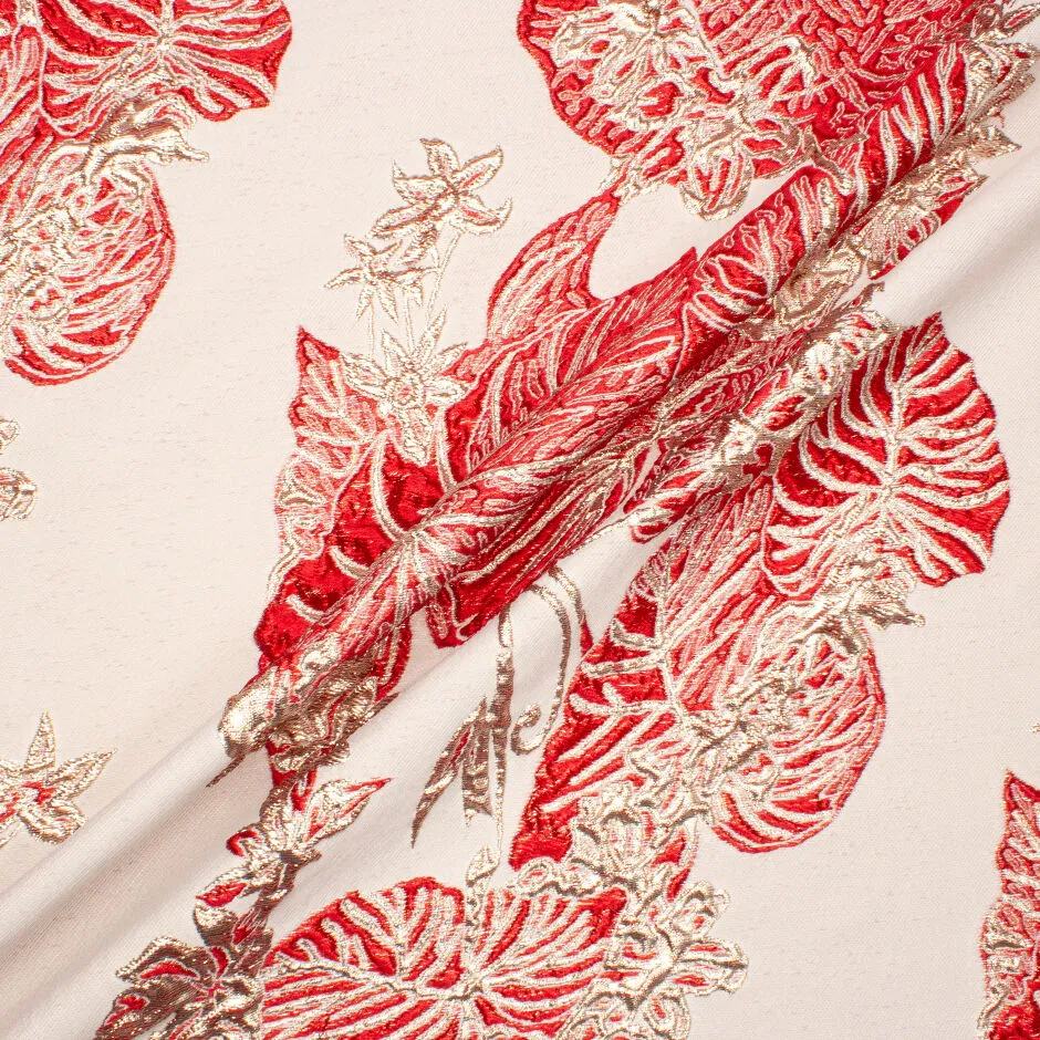 Large Red Palm Leaf Metallic Ecru Cloqué