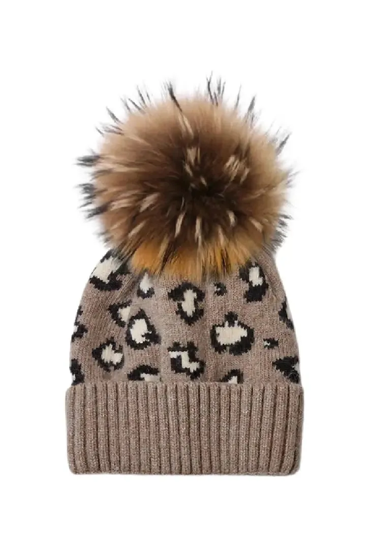 Leopard Cashmere Blend Beanie w Real Fur Pom