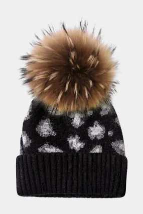 Leopard Cashmere Blend Beanie w Real Fur Pom