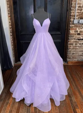 Light Purple Tulle Straps Long Formal Dress, A-line Purple Prom Dress