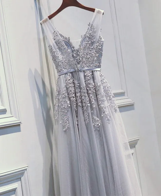 Light Sliver Grey Lace Applique V-neckline Long Party Dress, Light Grey Wedding Party Dress