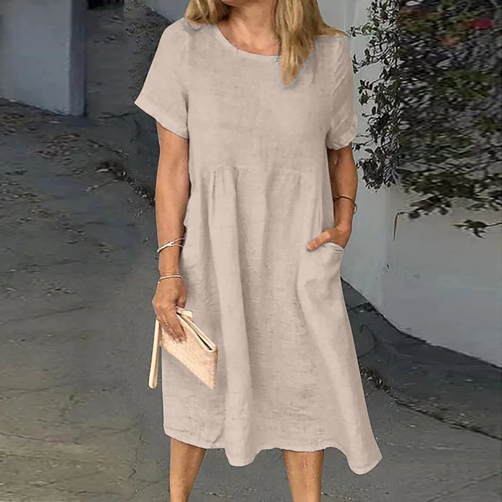 Loose Crew Neck Cotton and Linen Dress