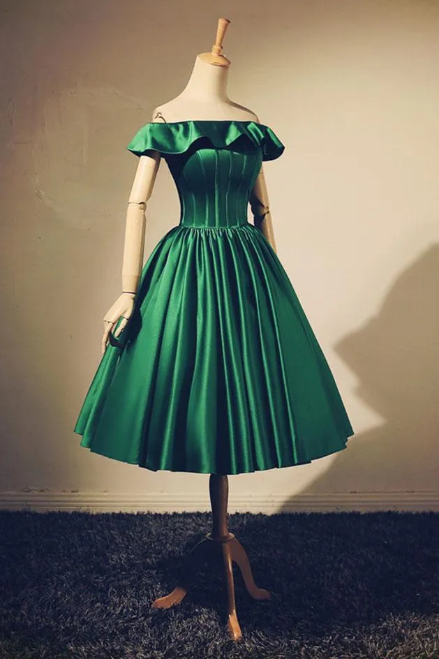 Lovely Green Satin Off Shoulder Knee Length Homecoming Dress, Short Prom Dress