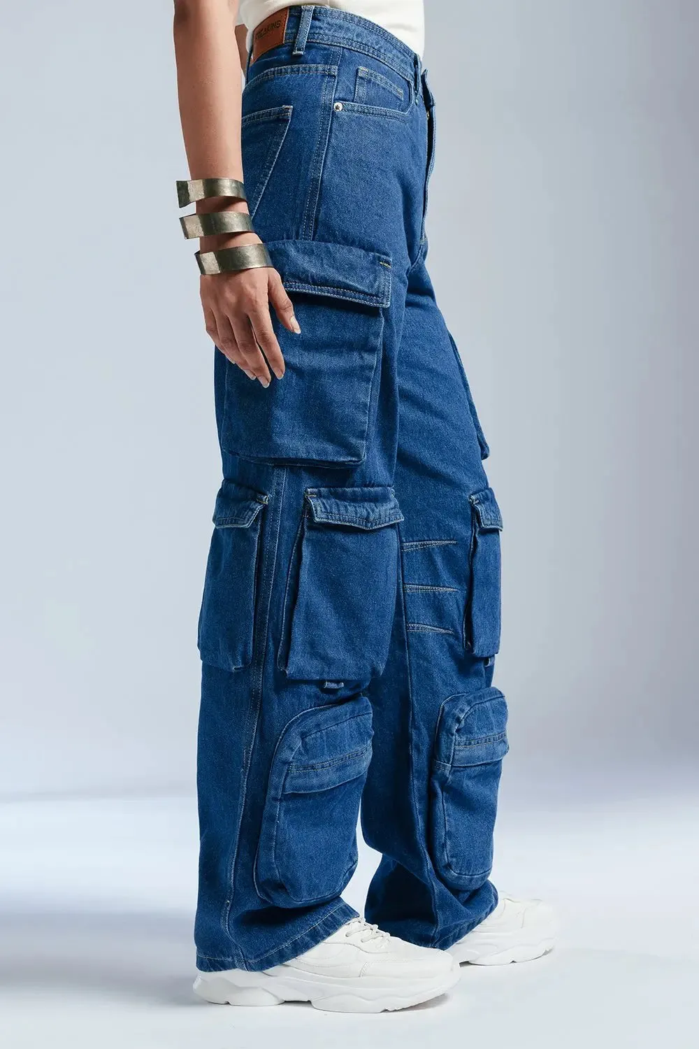 Luxe Indigo Denim Utility Cargo Jeans