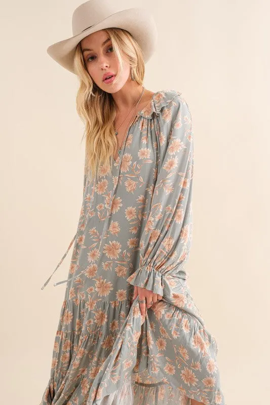 Lynn Floral Print Bohemian Tiered Maxi Dress - Sage