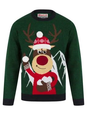 Men's Christmas Mountain Motif Novelty Christmas Jumper in Christmas Green / Ink Twist - Merry Christmas