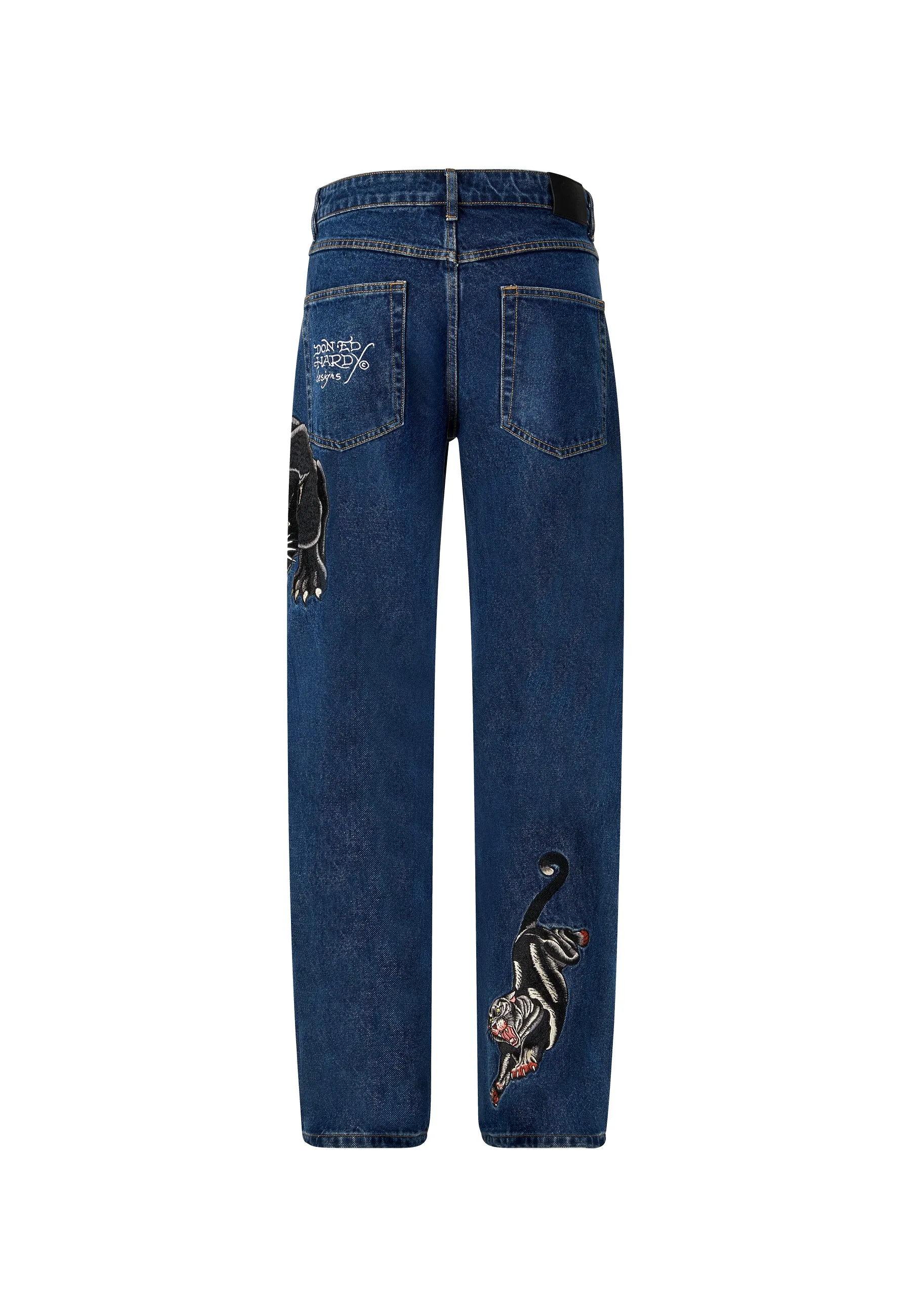 Mens Panther-Crouch-Leap Tattoo Graphic Relaxed Denim Trousers Jeans - Indigo