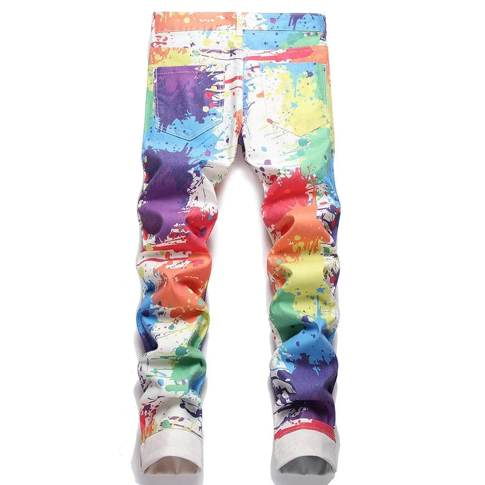 Mens Splattered Paint Jeans Trendy Stretch Denim White