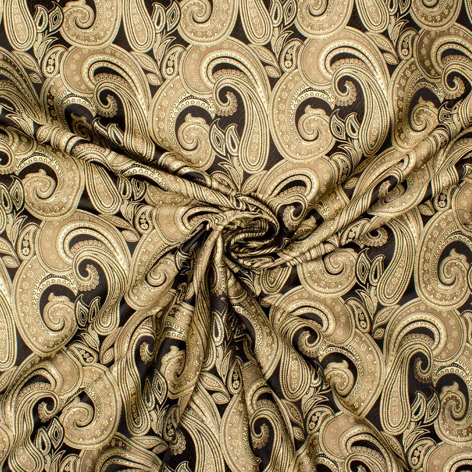 Metallic Gold Paisley Silk Blend Black Brocade