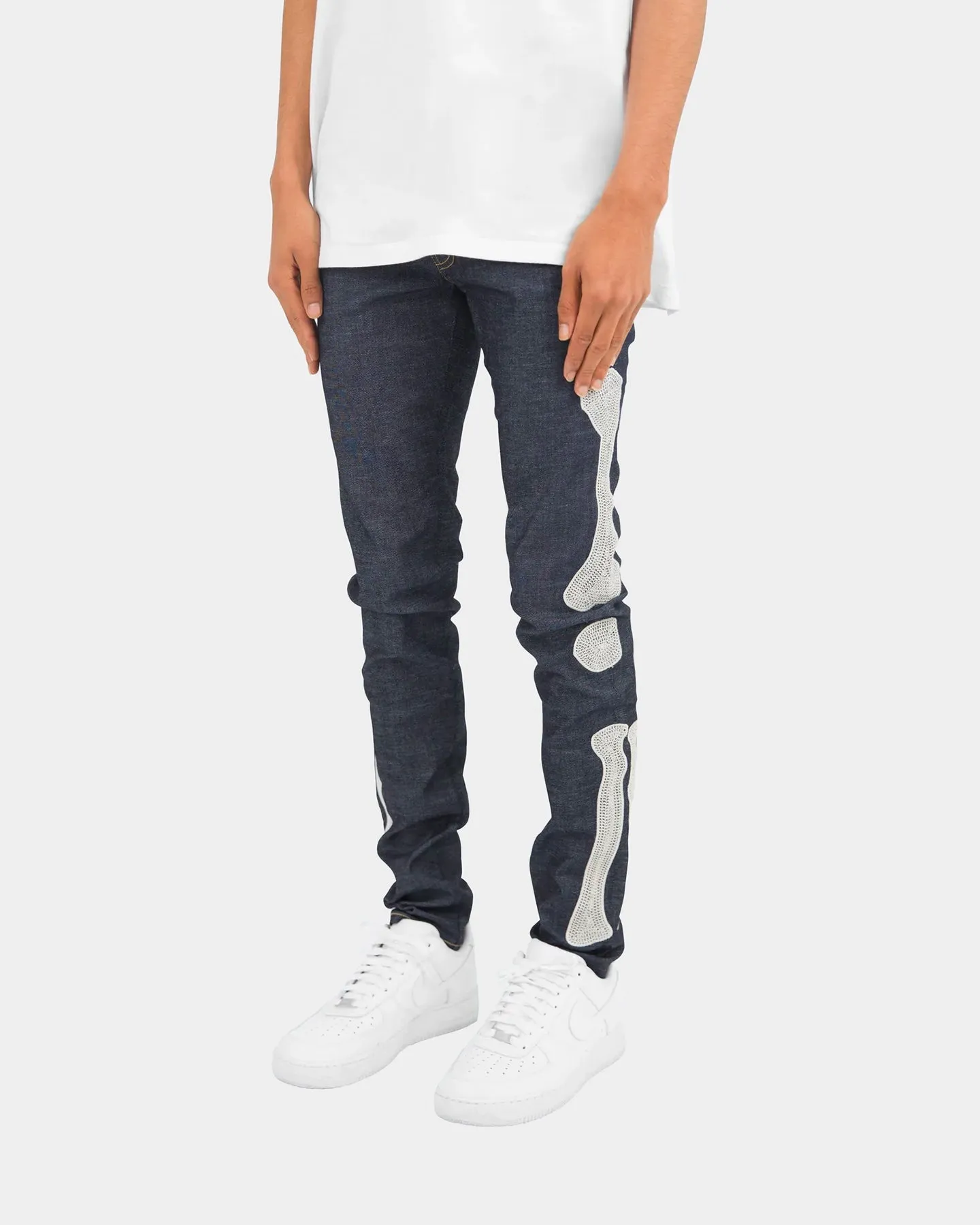 MNML X199 Stretch Skeleton Denim Jeans Raw Blue