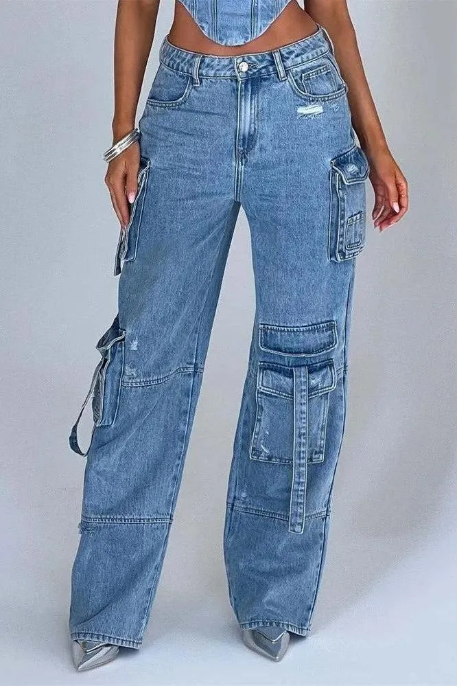 Multi-pocket straight denim jeans