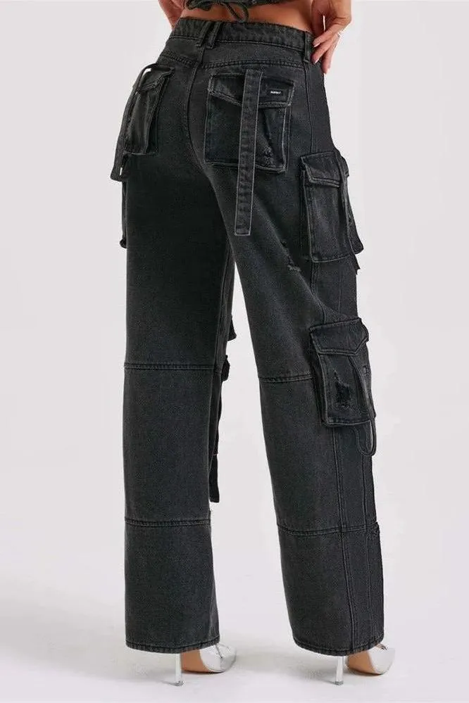 Multi-pocket straight denim jeans