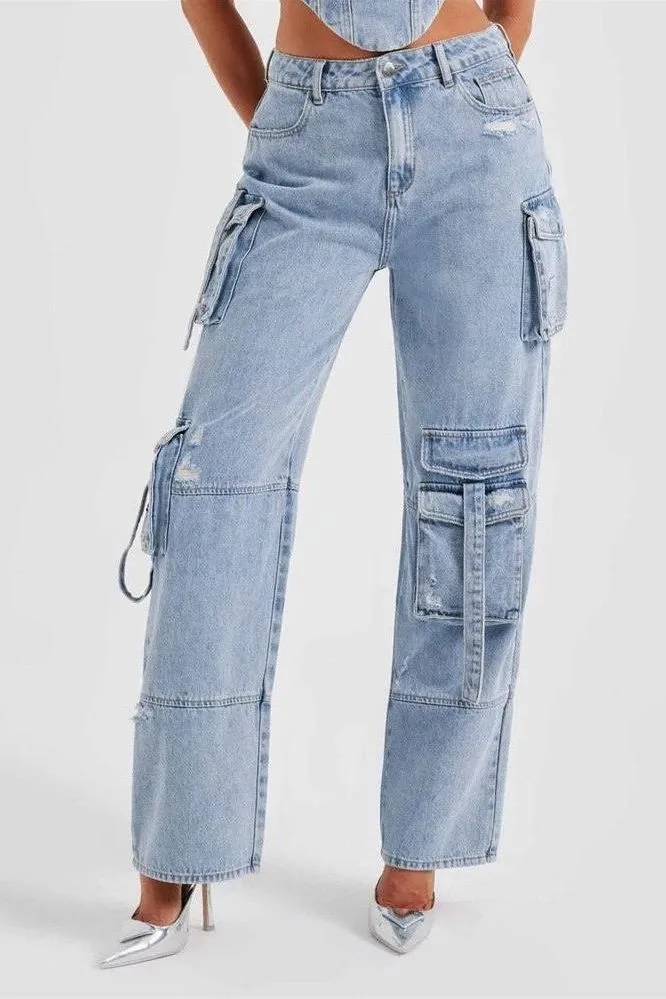 Multi-pocket straight denim jeans