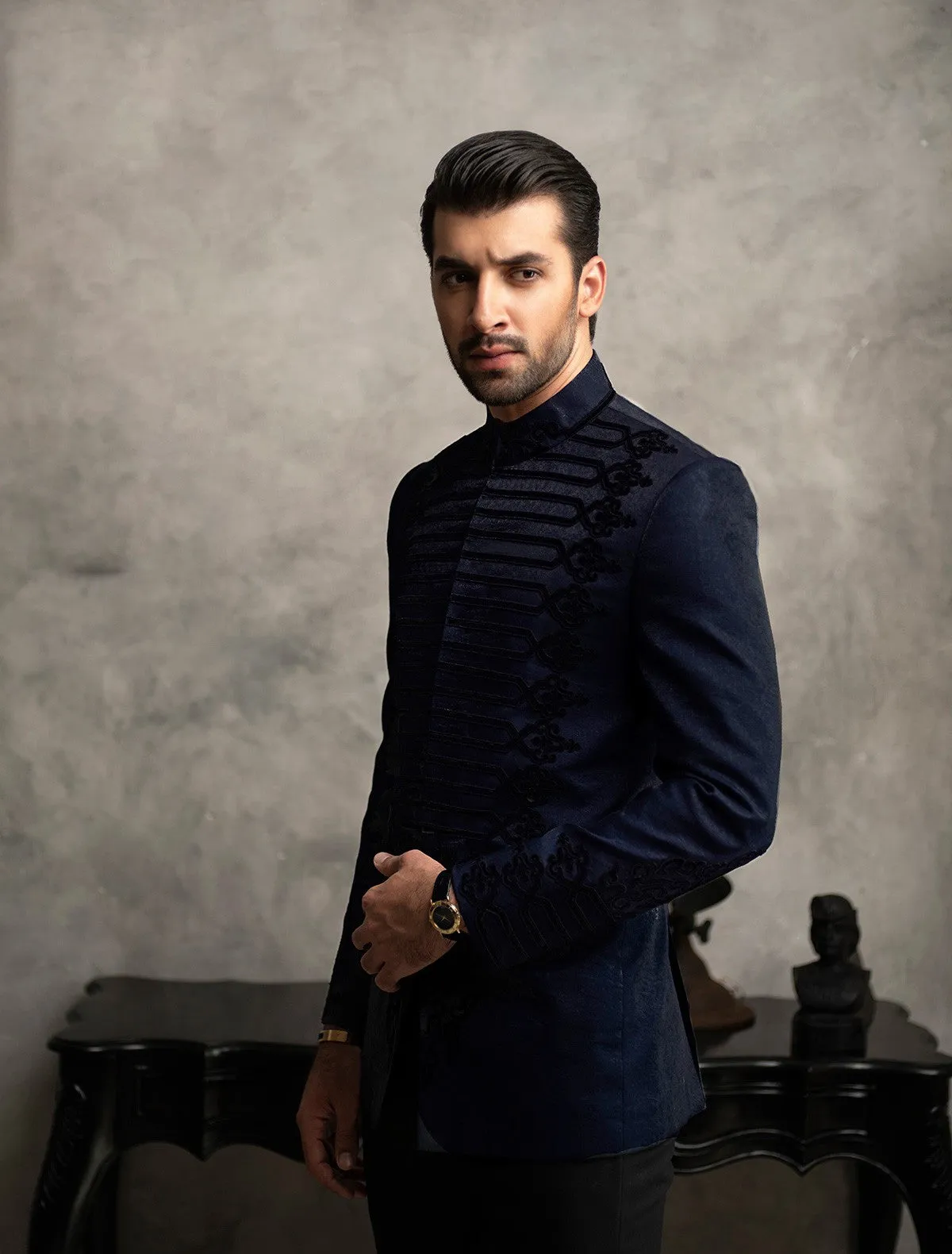 NAVY BLUE PRINCE COAT WITH VELVET APPLIQUE