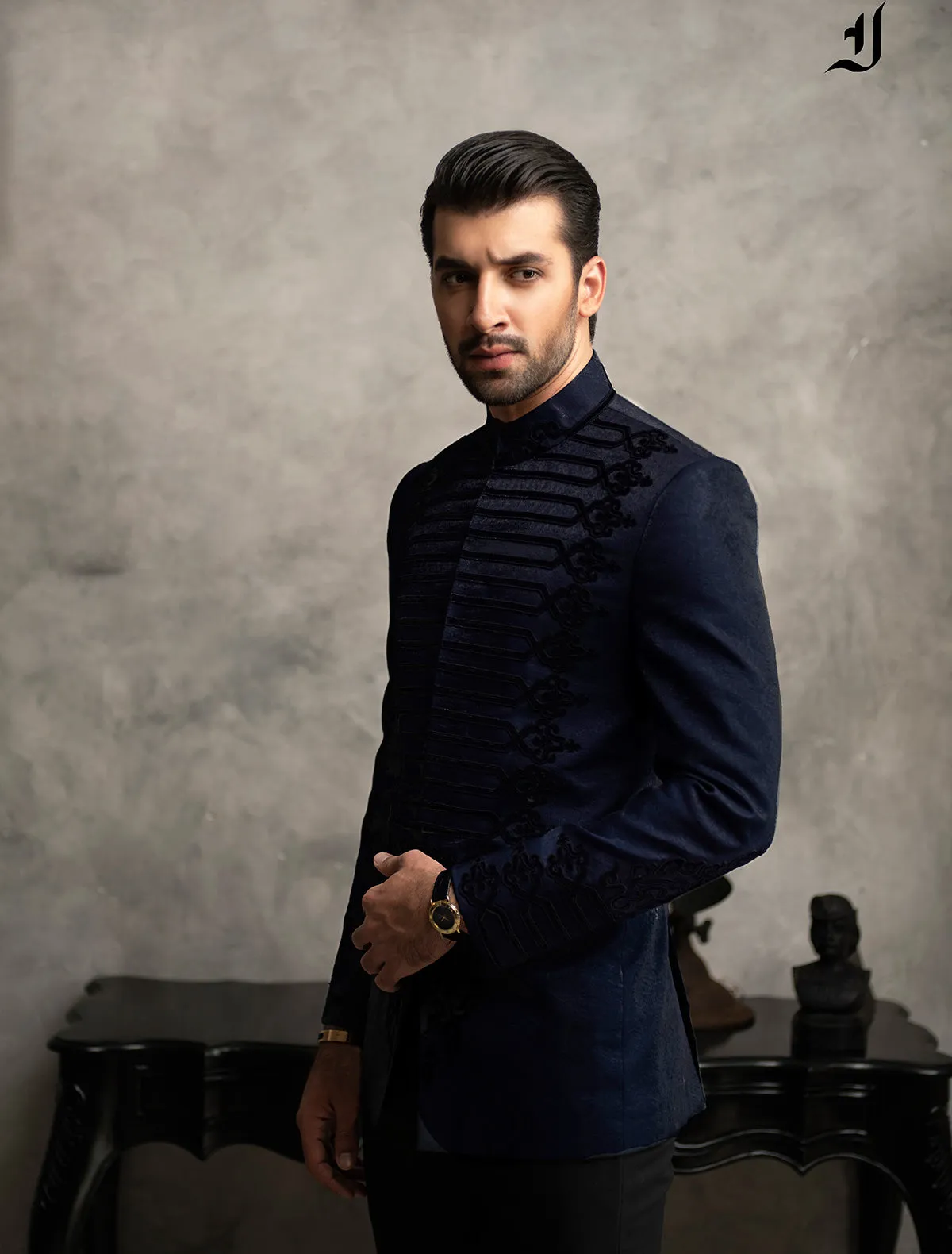 NAVY BLUE PRINCE COAT WITH VELVET APPLIQUE