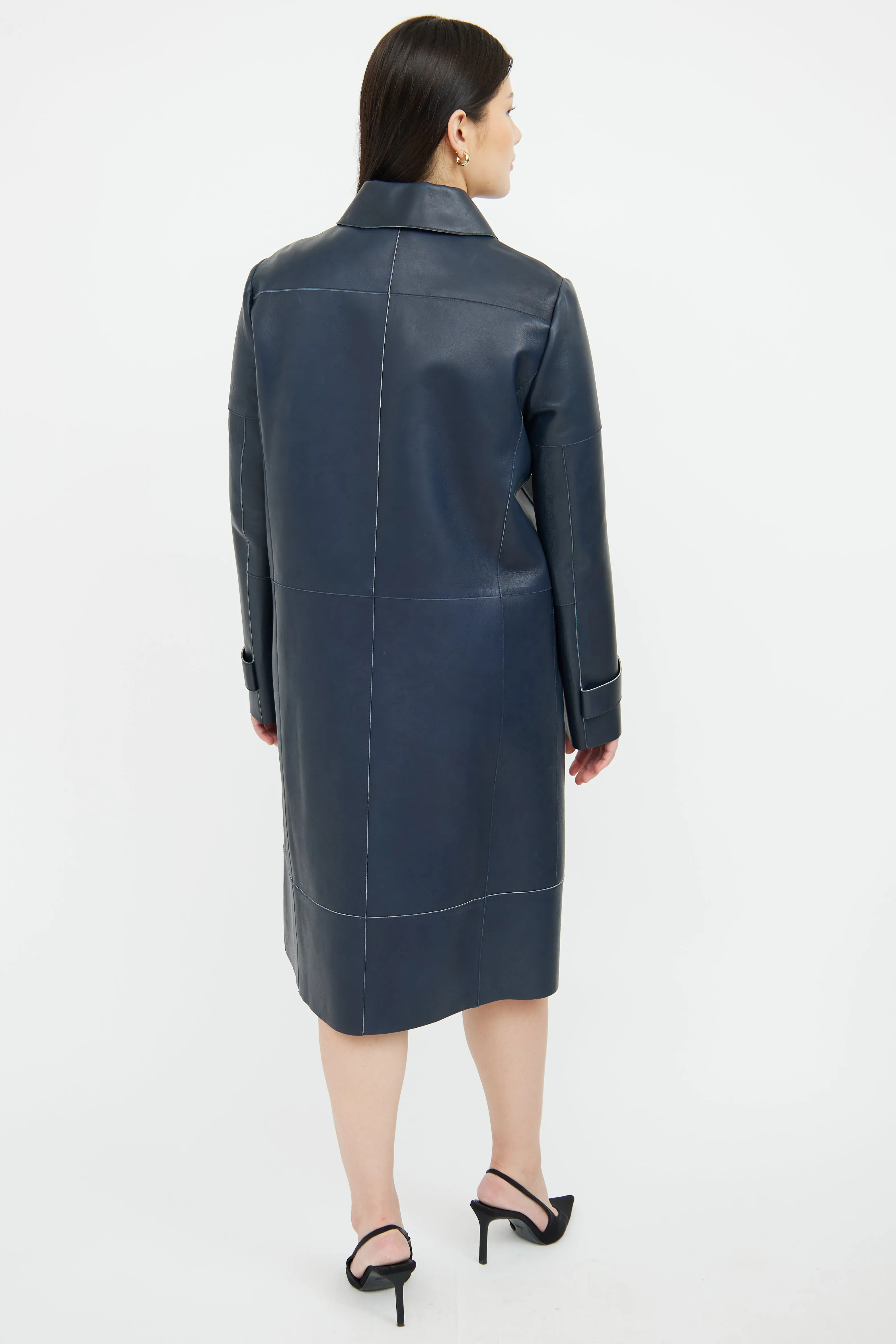 Navy Long Leather Coat