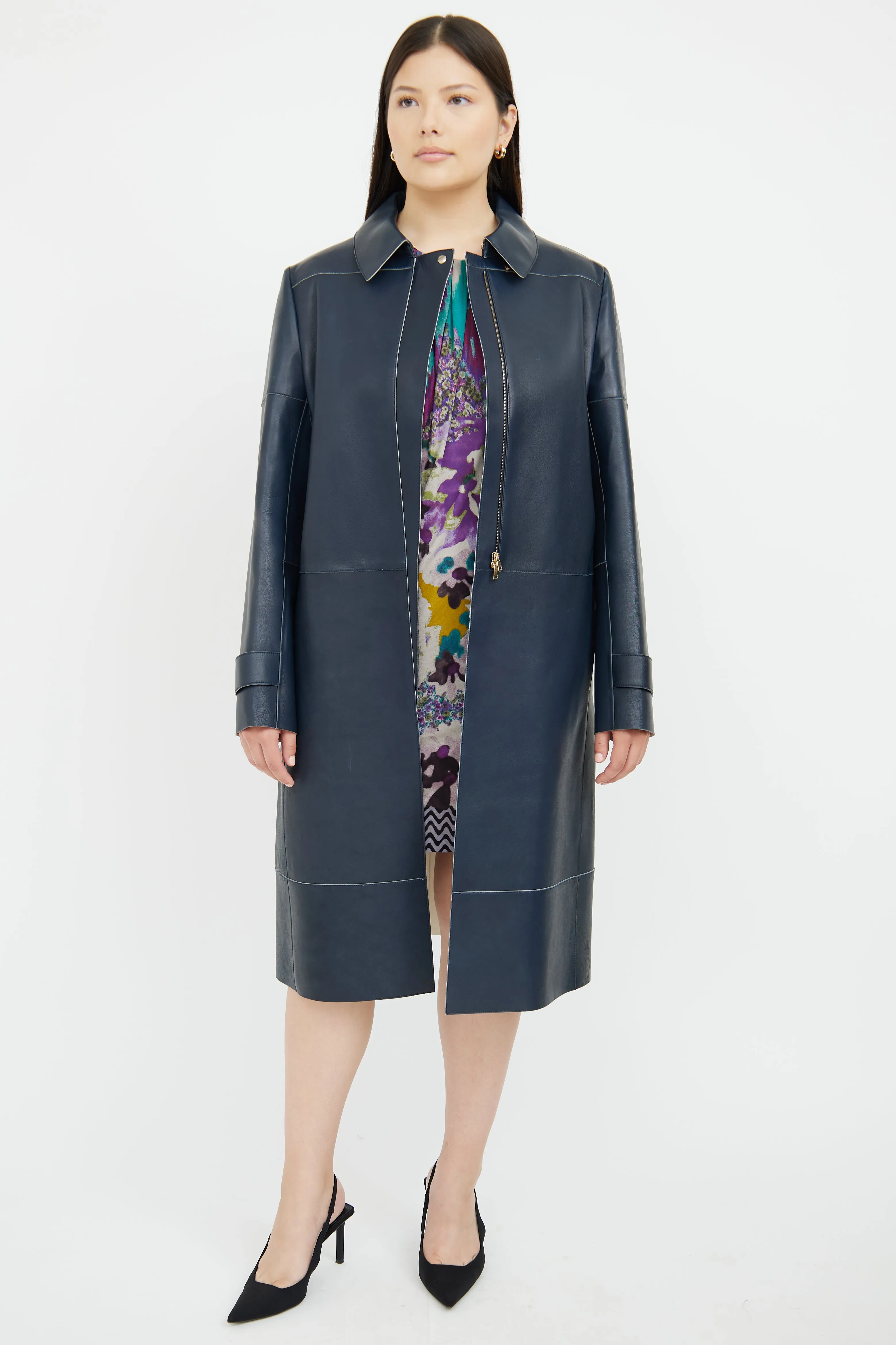 Navy Long Leather Coat