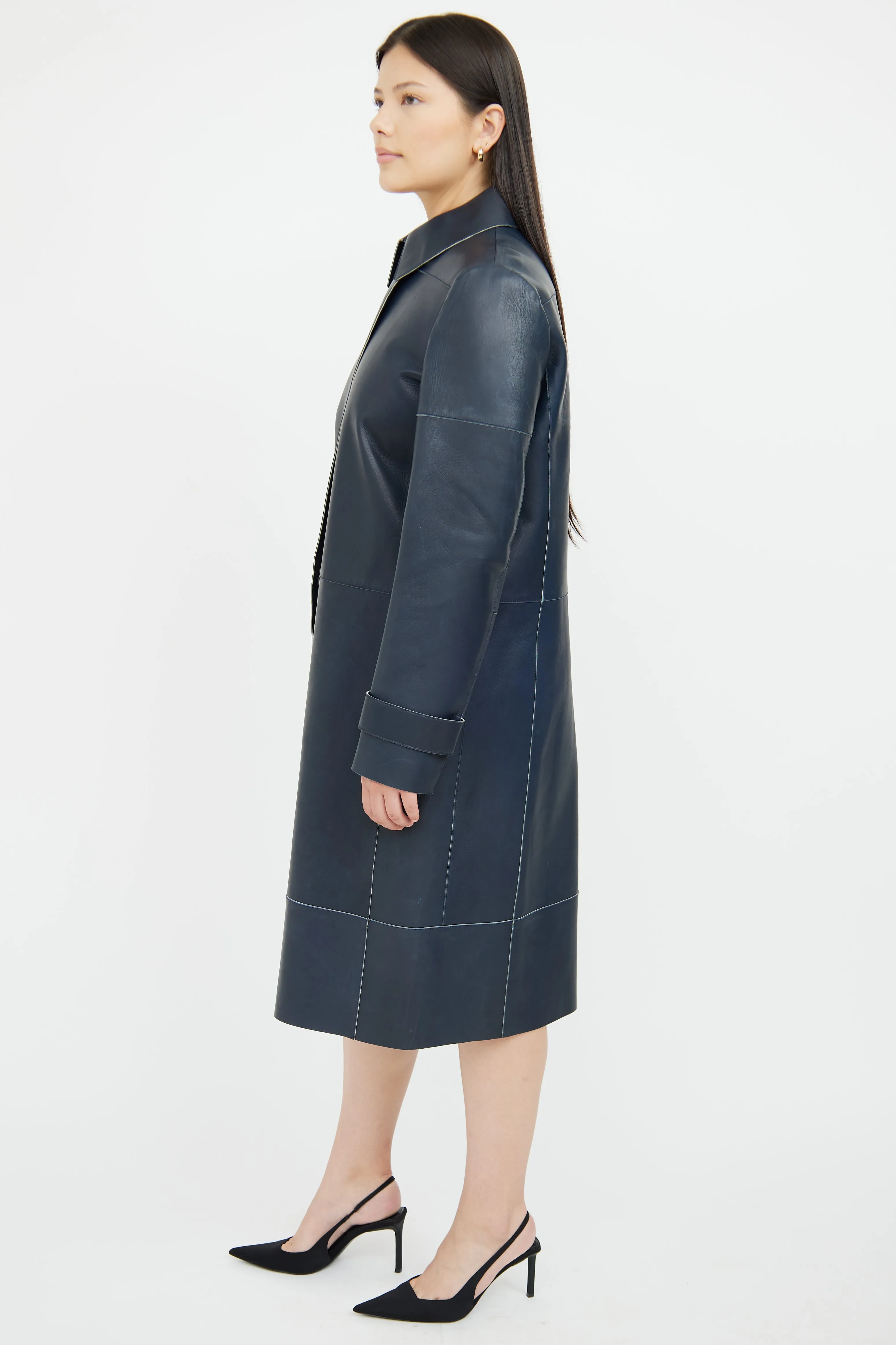 Navy Long Leather Coat